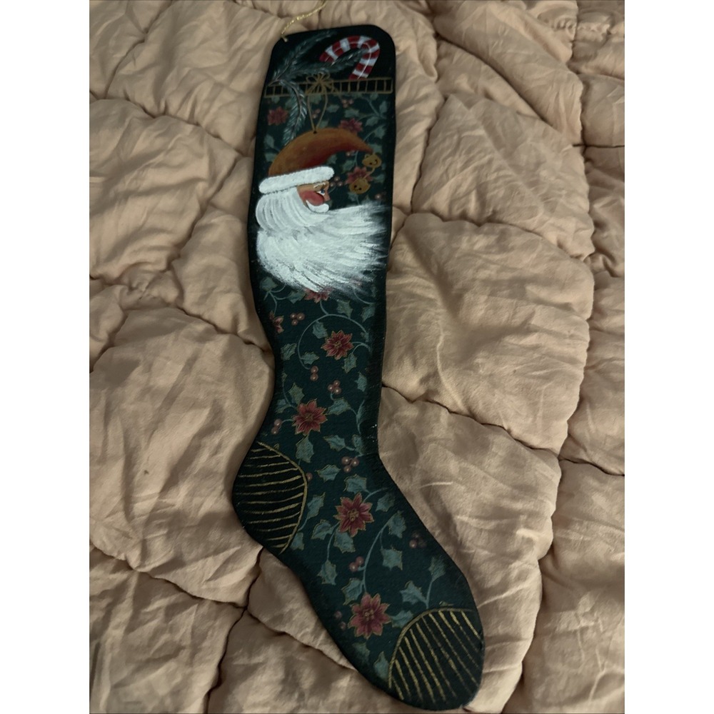Handmade Green Wooden Hand painted Santa Stocking Holly Toys Christmas